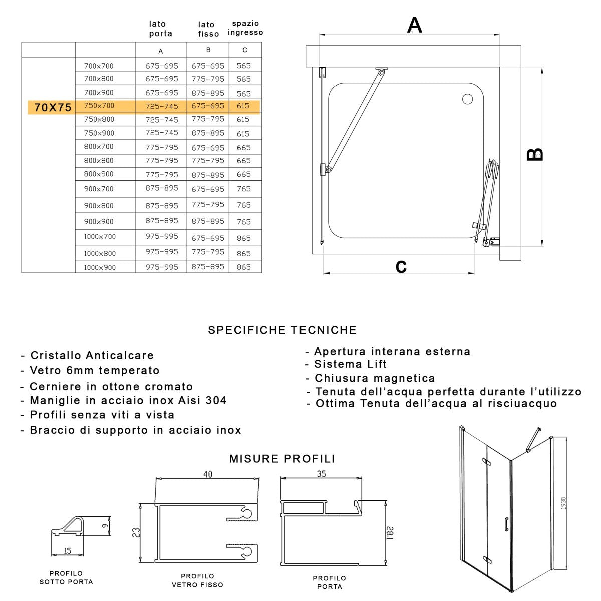 Porta doccia 2 lati porta pieghevole e lato fisso h195cm 6mm rea, misura 70x75