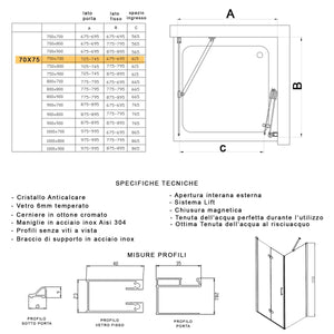 Porta doccia 2 lati porta pieghevole e lato fisso h195cm 6mm rea, misura 70x75