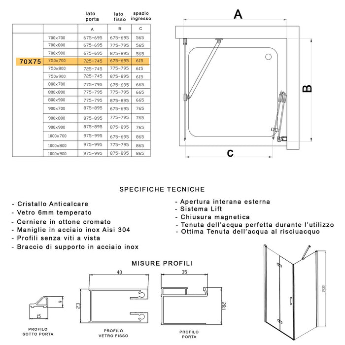 Porta doccia 2 lati porta pieghevole e lato fisso h195cm 6mm rea, misura 70x75