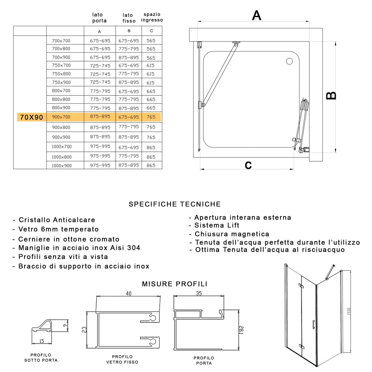 Porta doccia 2 lati porta pieghevole e lato fisso h195cm 6mm rea, misura 70x90