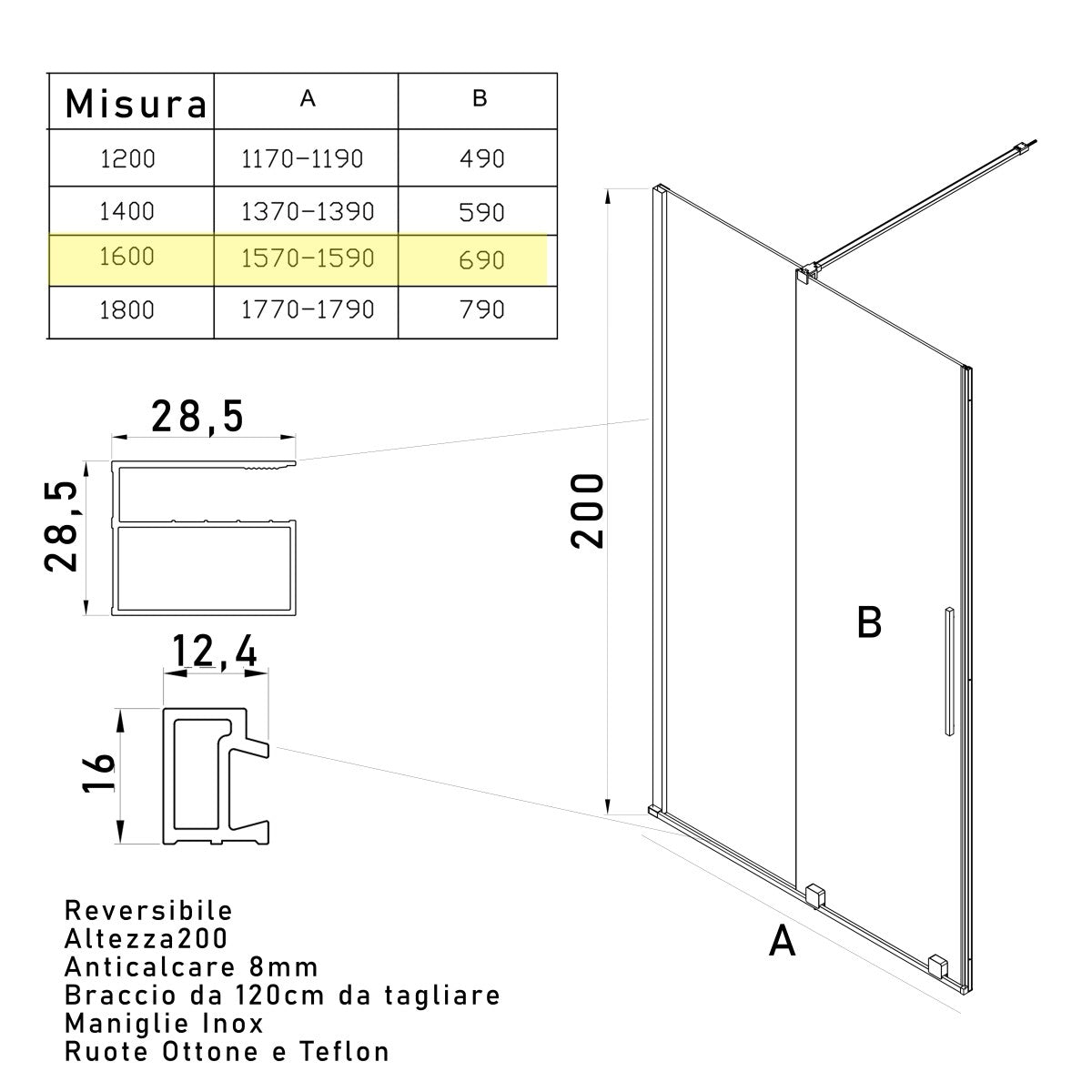 Porta doccia scorrevole 8mm h200 senza profili brenta, misura 160