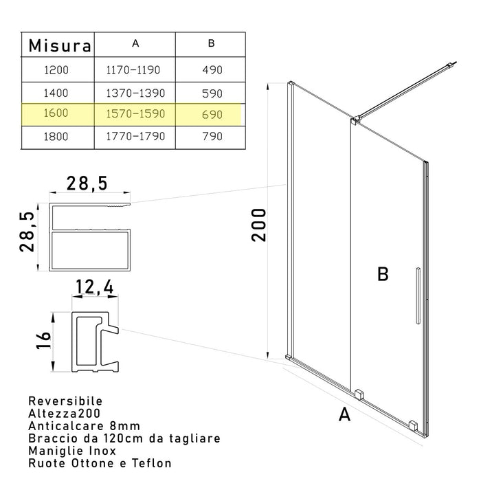 Porta doccia scorrevole 8mm h200 senza profili brenta, misura 160