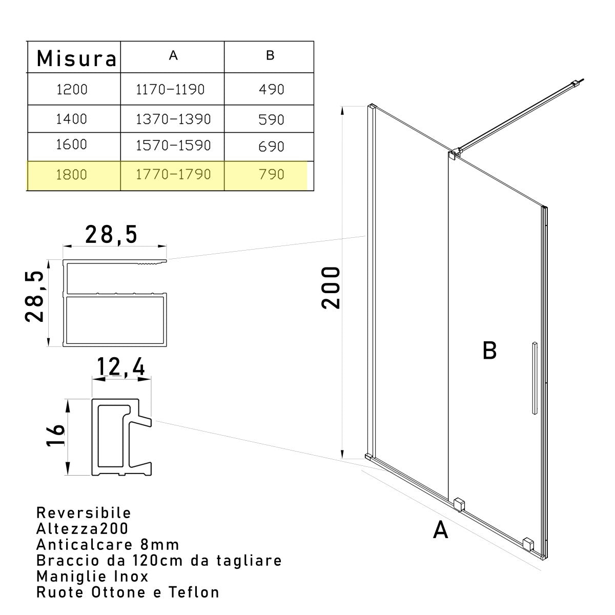 Porta doccia scorrevole 8mm h200 senza profili brenta, misura 120