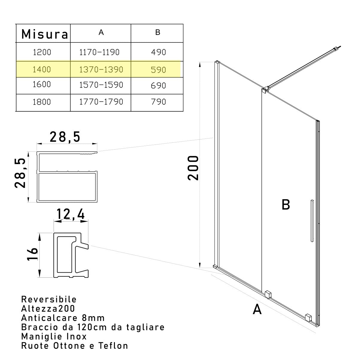 Porta doccia scorrevole 8mm h200 senza profili brenta, misura 120