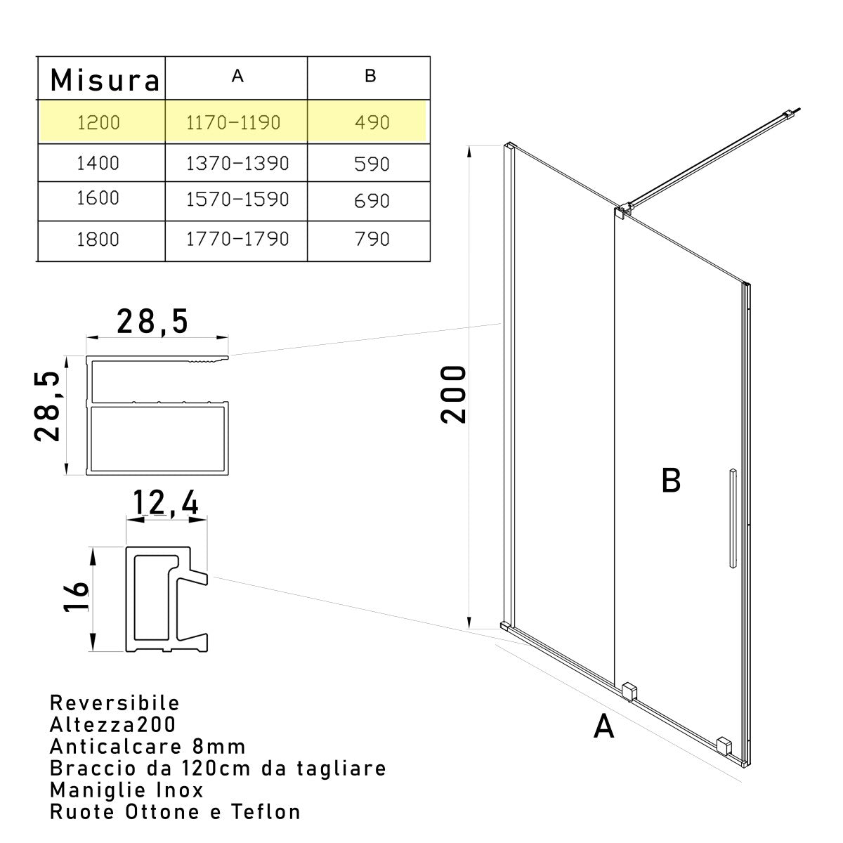 Porta doccia scorrevole 8mm h200 senza profili brenta, misura 160