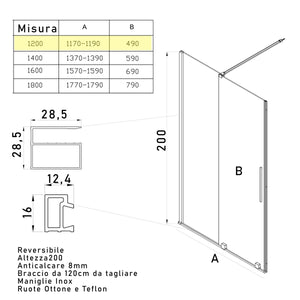 Porta doccia scorrevole 8mm h200 senza profili brenta, misura 160