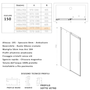 Porta doccia scorrevole trasparente h195 8mm anticalcare euclide, misura 150