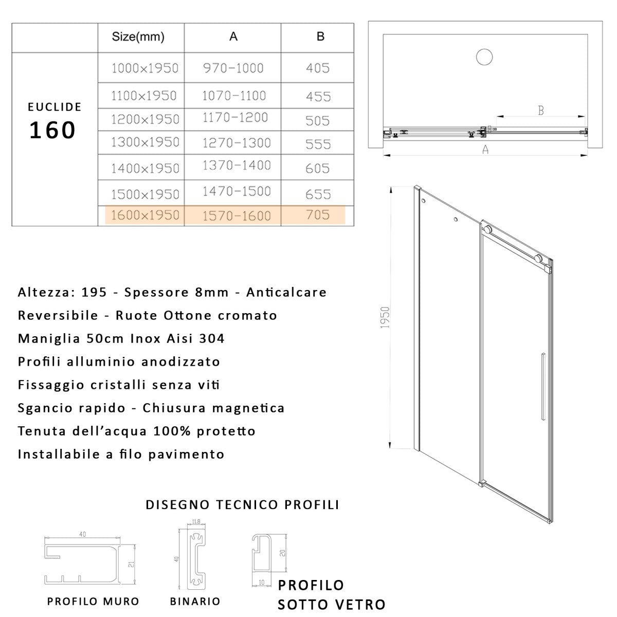 Porta doccia scorrevole trasparente h195 8mm anticalcare euclide, misura 160