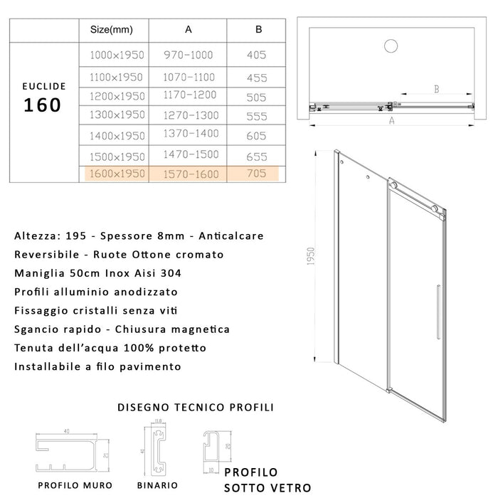 Porta doccia scorrevole trasparente h195 8mm anticalcare euclide, misura 160