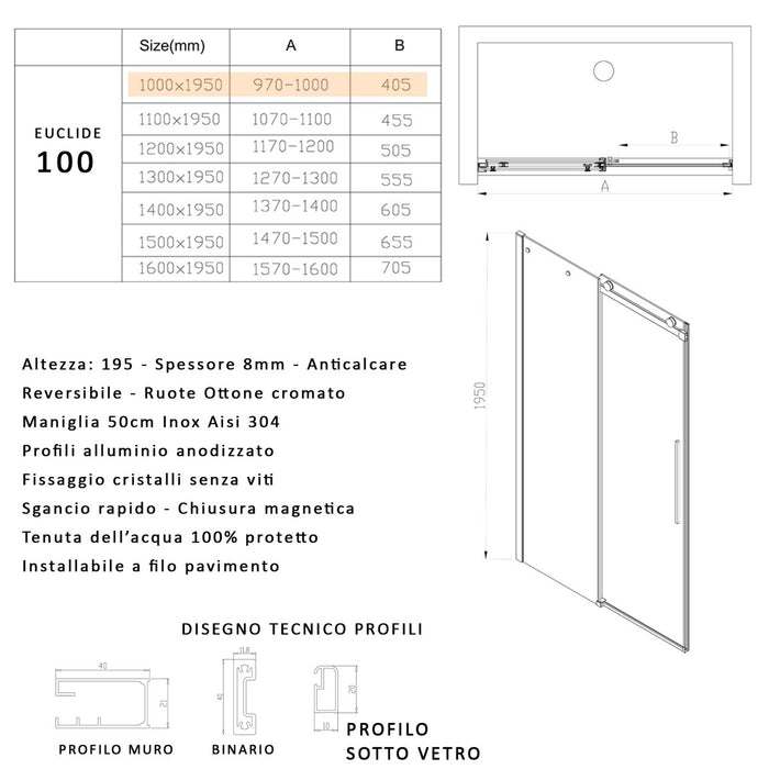 Porta doccia scorrevole trasparente h195 8mm anticalcare euclide, misura 100
