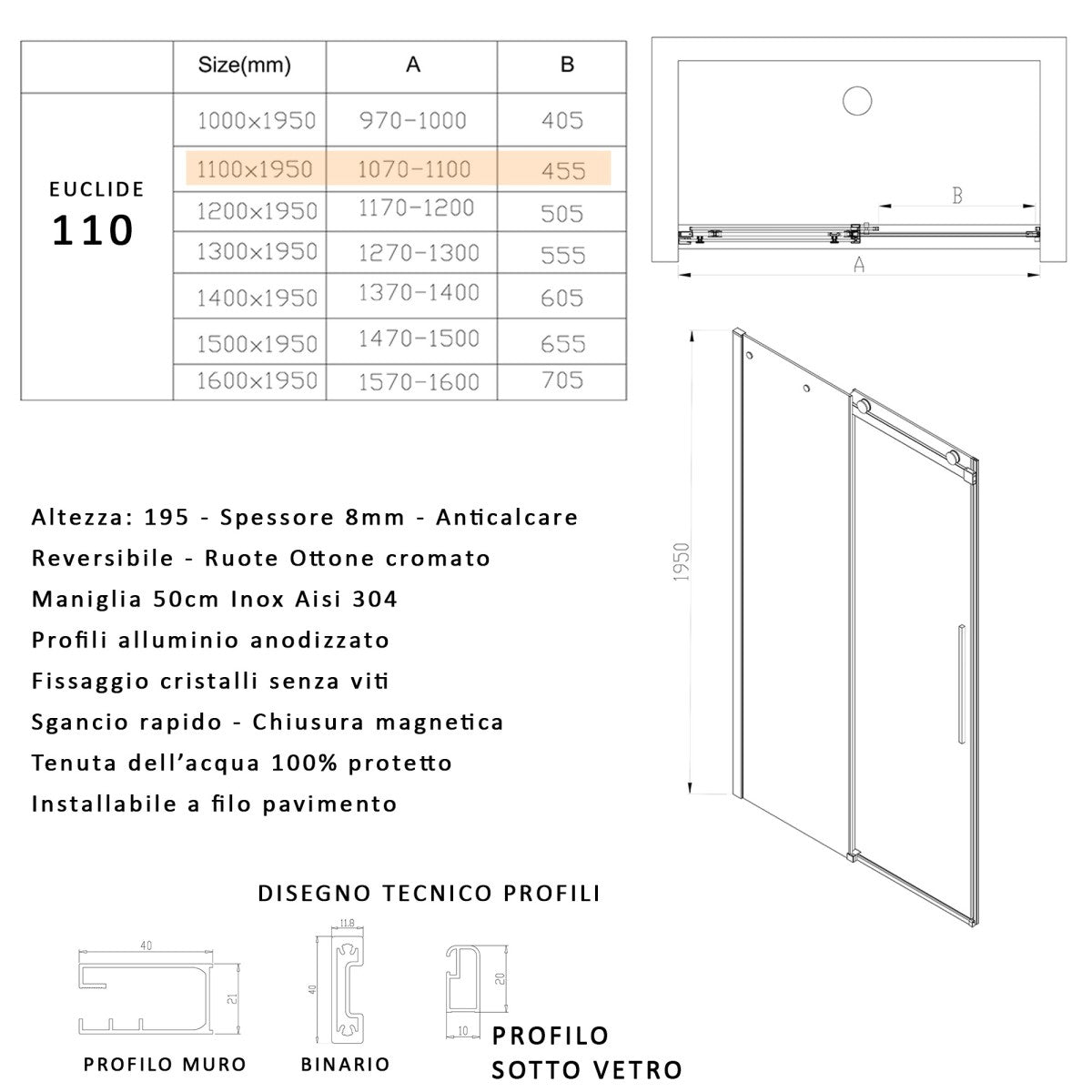Porta doccia scorrevole trasparente h195 8mm anticalcare euclide, misura 110