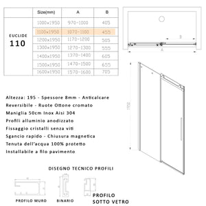 Porta doccia scorrevole trasparente h195 8mm anticalcare euclide, misura 110