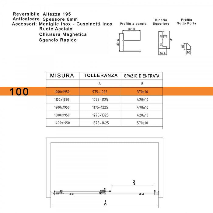 Porta doccia scorrevole trasparente 6mm h195 genesis, dimensioni 130cm