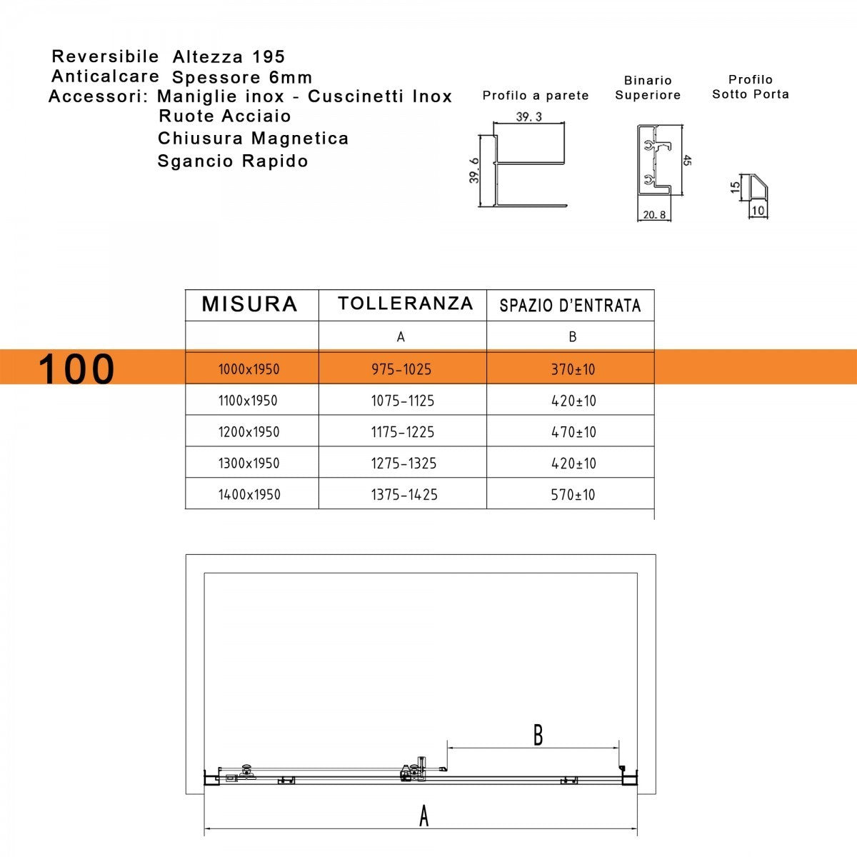 Porta doccia scorrevole trasparente 6mm h195 genesis, dimensioni 140cm