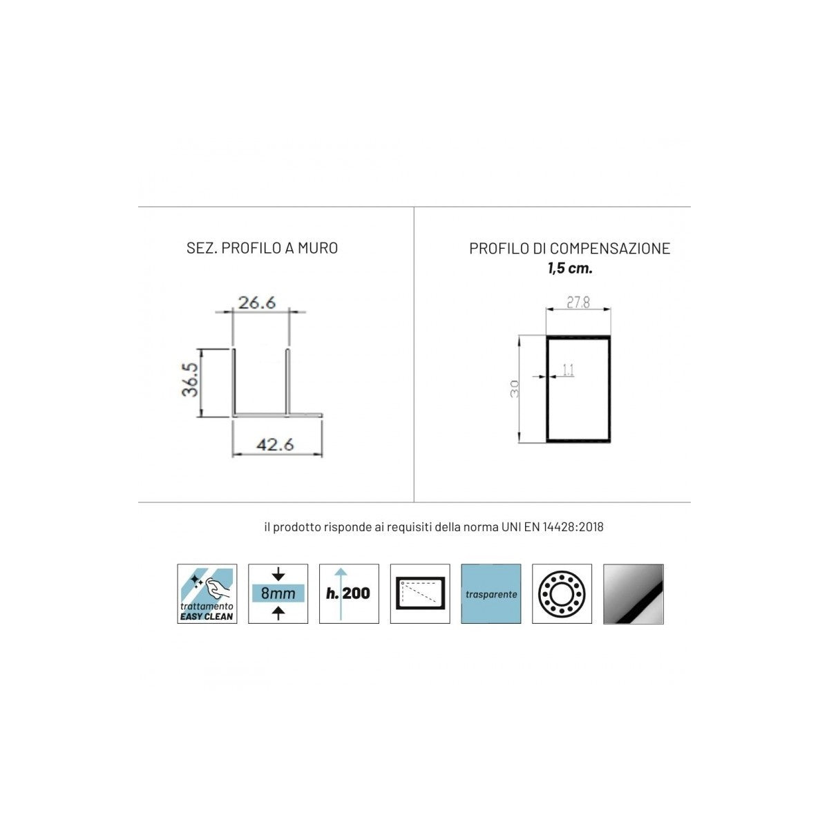 Porta doccia scorrevole trasparente anticalcare 8mm h200cm filanta one, dimensioni 160cm