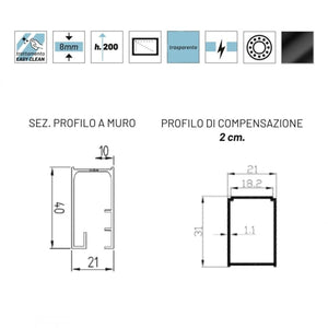 Porta doccia scorrevole trasparente anticalcare 8mm profili neri h200 black, dimensioni 160cm