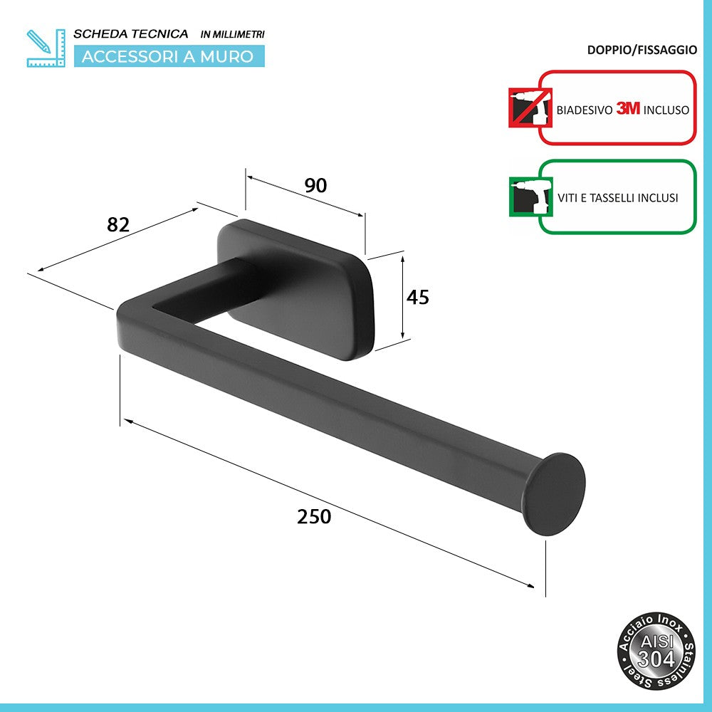 Porta salviette a muro 25 cm in acciaio inox nero con doppio fissaggio 