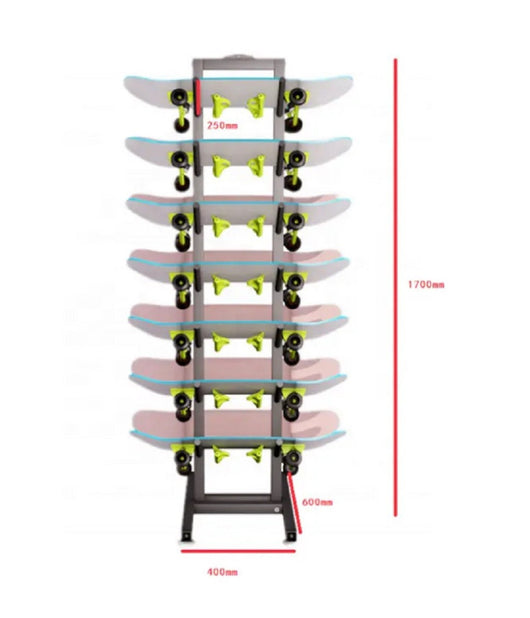 Porta Skateboard A 7 Strati In Metallo Nero Da Terra Per Esposizione Del Negozio         