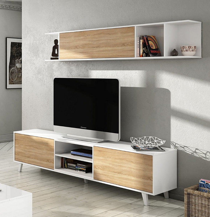 Parete attrezzata Alfa, con porta TV e mensola, finitura Bianco Lucido e Rovere Canadian ZFO0F6634BO