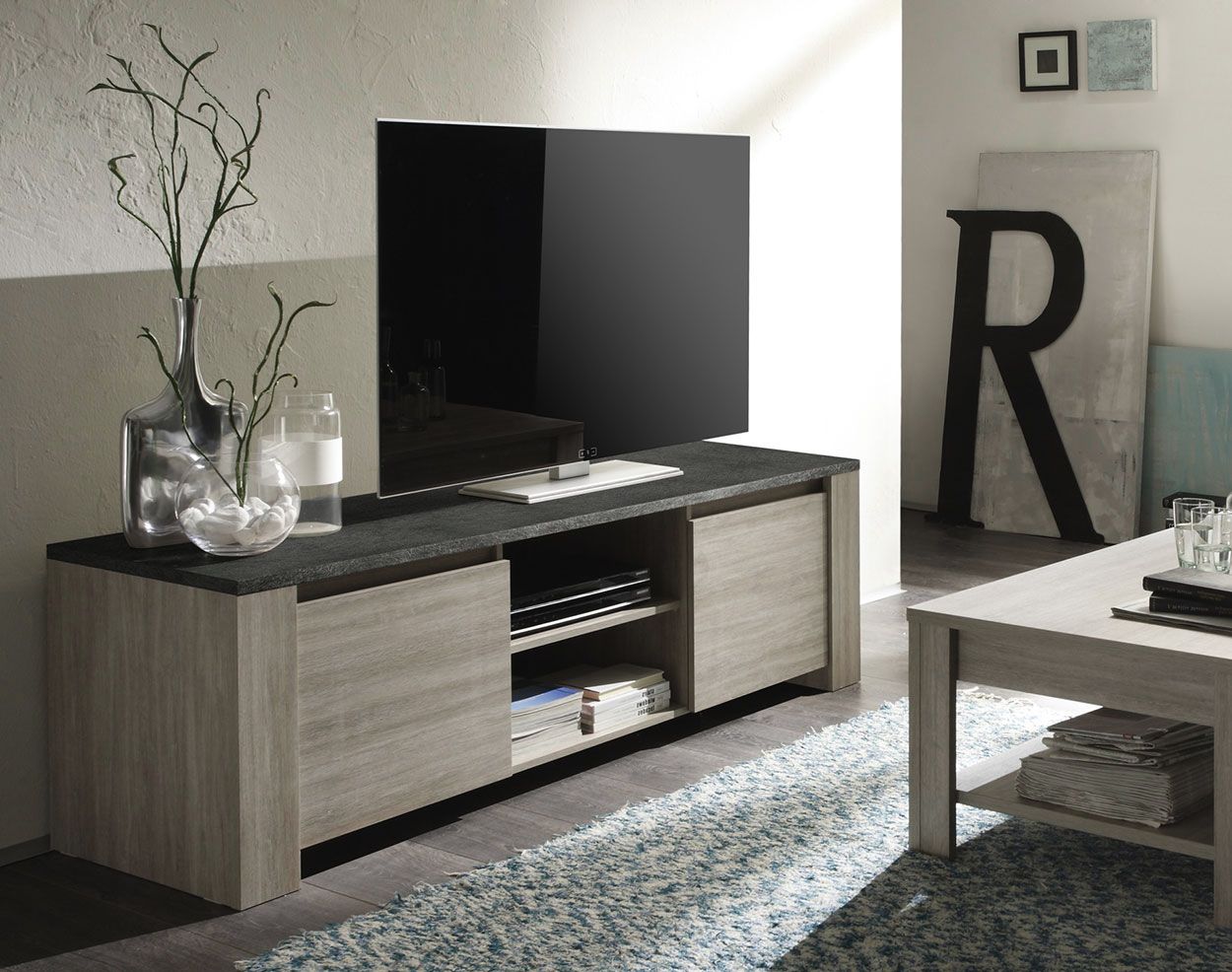 Porta TV moderno 2 ante e vani a giorno, finitura Rovere Grigio con Top effetto Marmo ZLCMARPTV1