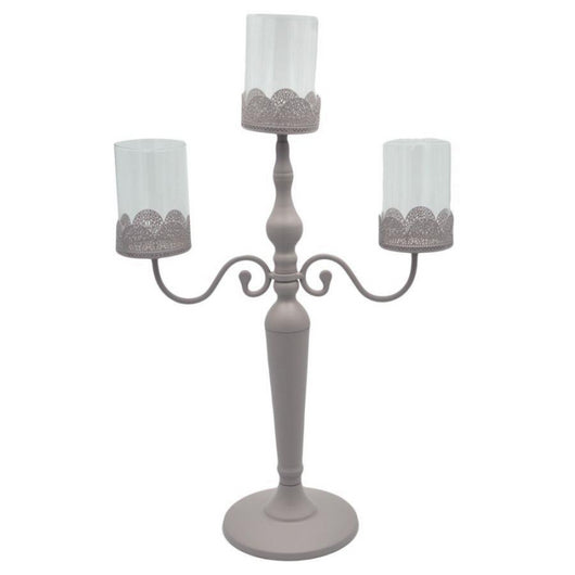 Portacandele candelabro metallo tortora3 posti con vetro cm38x17h62