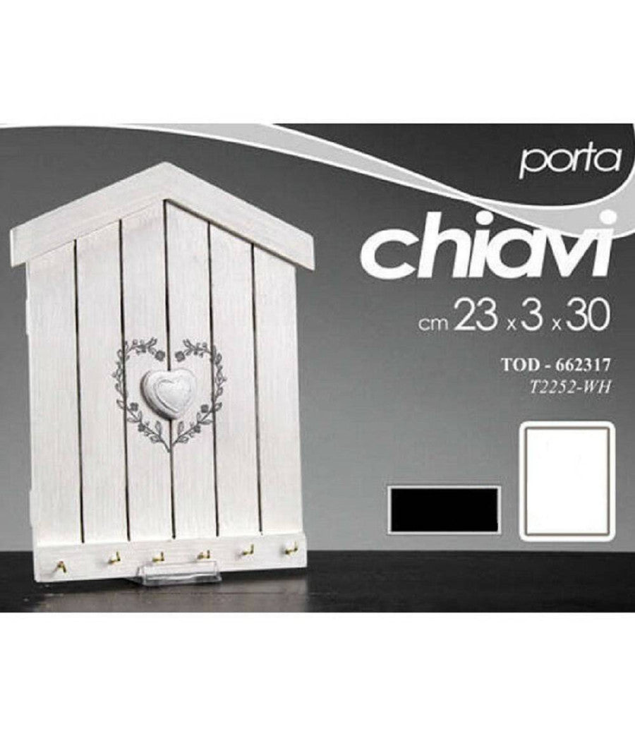 Portachiavi Da Parete Forma Casetta In Legno Bianco Con Cuore Stile Shabby Chic         