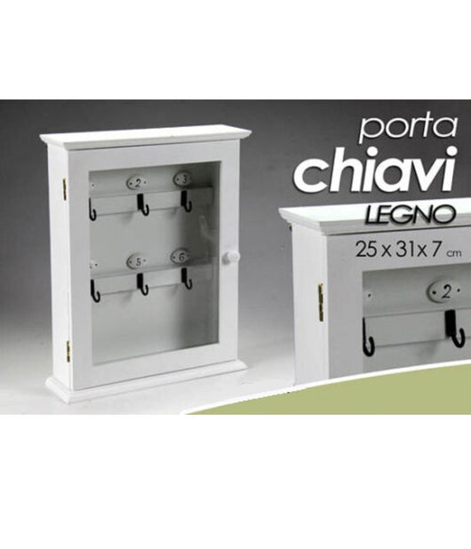 Portachiavi Parete Appendino 6 Ganci 31x25x7cm In Legno Bianco Anta Vetro 660832         