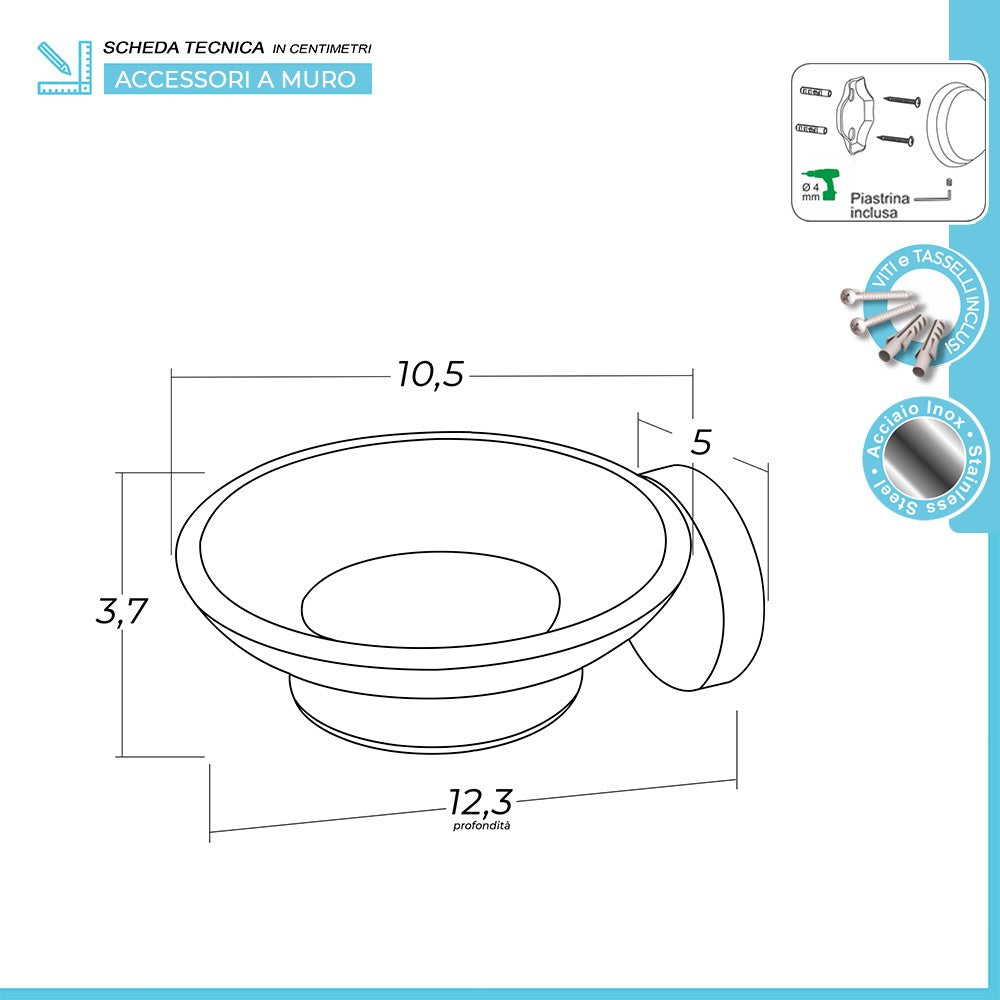 Portasapone a muro in vetro e acciaio inox satinato Galassia Kit di fissaggio incluso