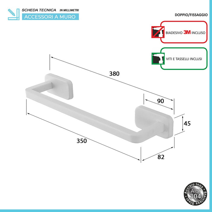 Portasciugamani a muro 35 cm in acciaio inox bianco con doppio fissaggio 