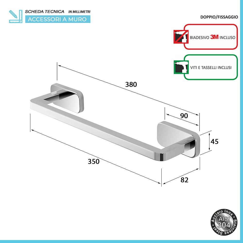 Portasciugamani a muro 35 cm in acciaio inox con doppio fissaggio 