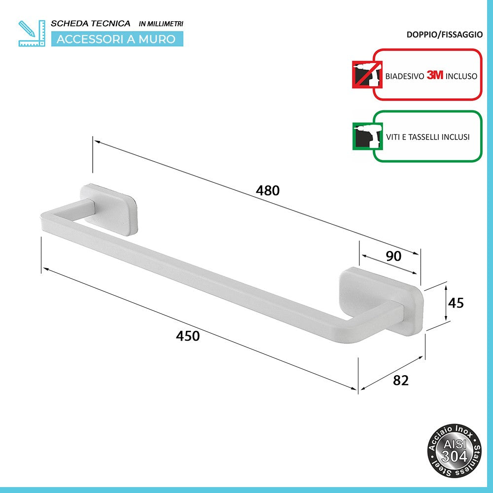 Portasciugamani a muro 45 cm in acciaio inox bianco con doppio fissaggio 