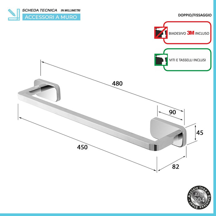 Portasciugamani a muro 45 cm in acciaio inox con doppio fissaggio 