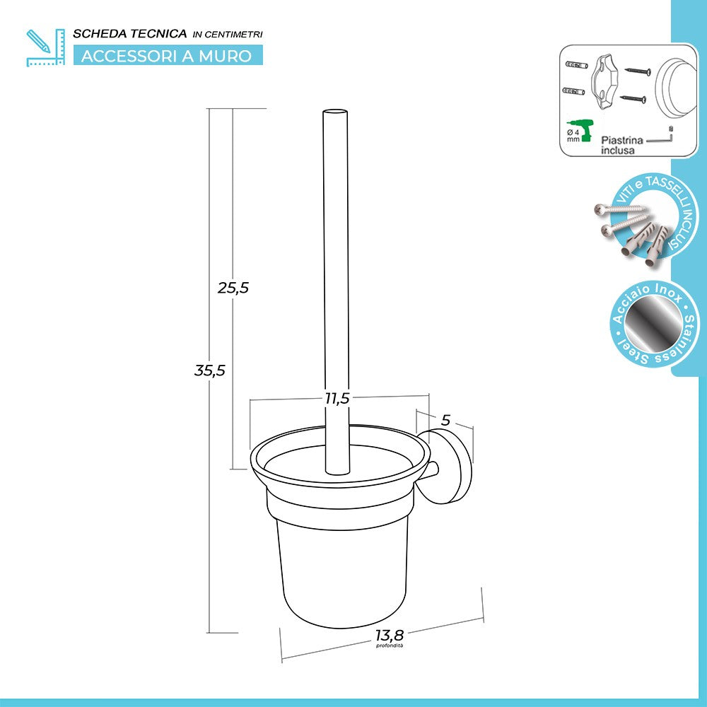 Portascopino a muro in vetro e acciaio inox satinato Galassia Kit di fissaggio incluso