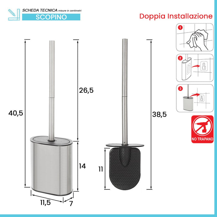 Portascopino cromato a parete o in appoggio con spatola in silicone