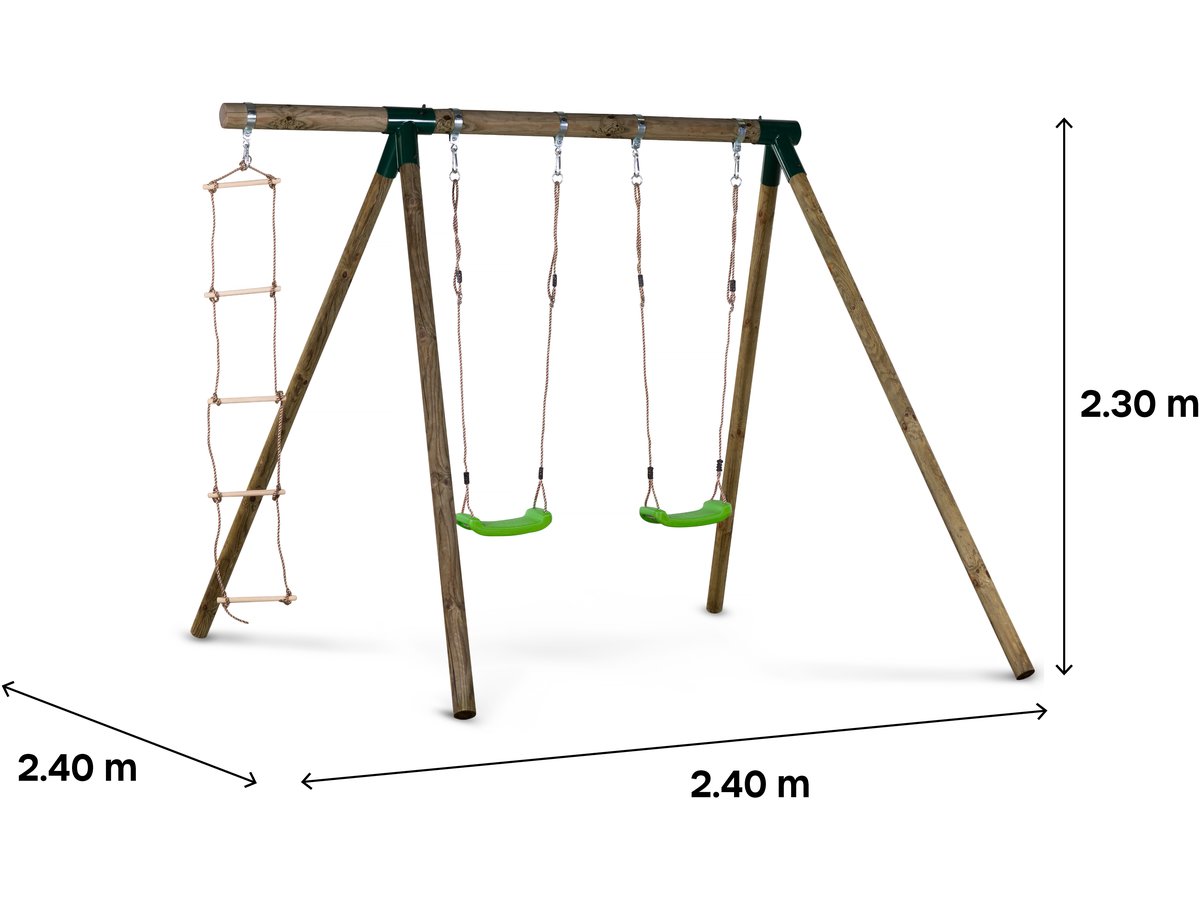 Altalena in legno "Timo" - Con 2 altalene e 1 scala di corda