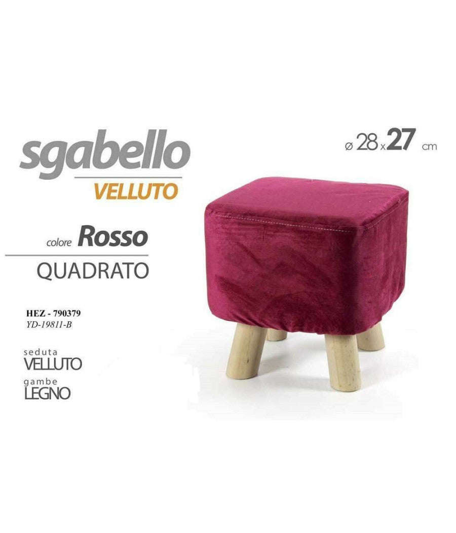 Pouf Sgabello Velluto Colore Blu Rosso Verde Quadrato Tondo Gambe Legno 28x27cm         