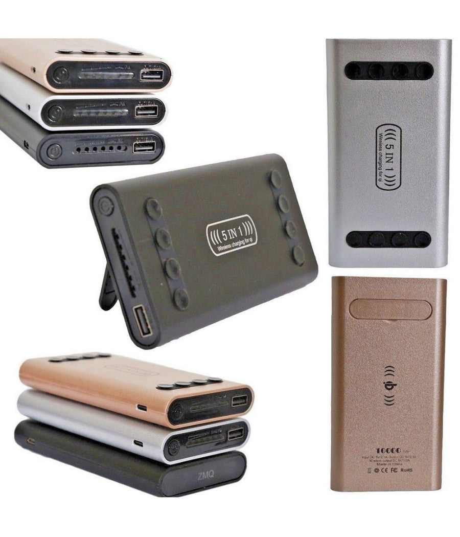 Power Bank 5 In 1 Caricatore Wireless Senza Fili Qi Led 10000mah Carica Batteria         