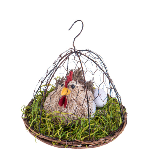 Set 2 Galline Decorative Dentro Gabbia Rete H 15 cm