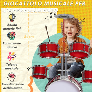 Batteria Musicale Giocattolo per Bambini Grancassa 4 Tamburi e Piatti con Bacchette e Sgabello Rosso