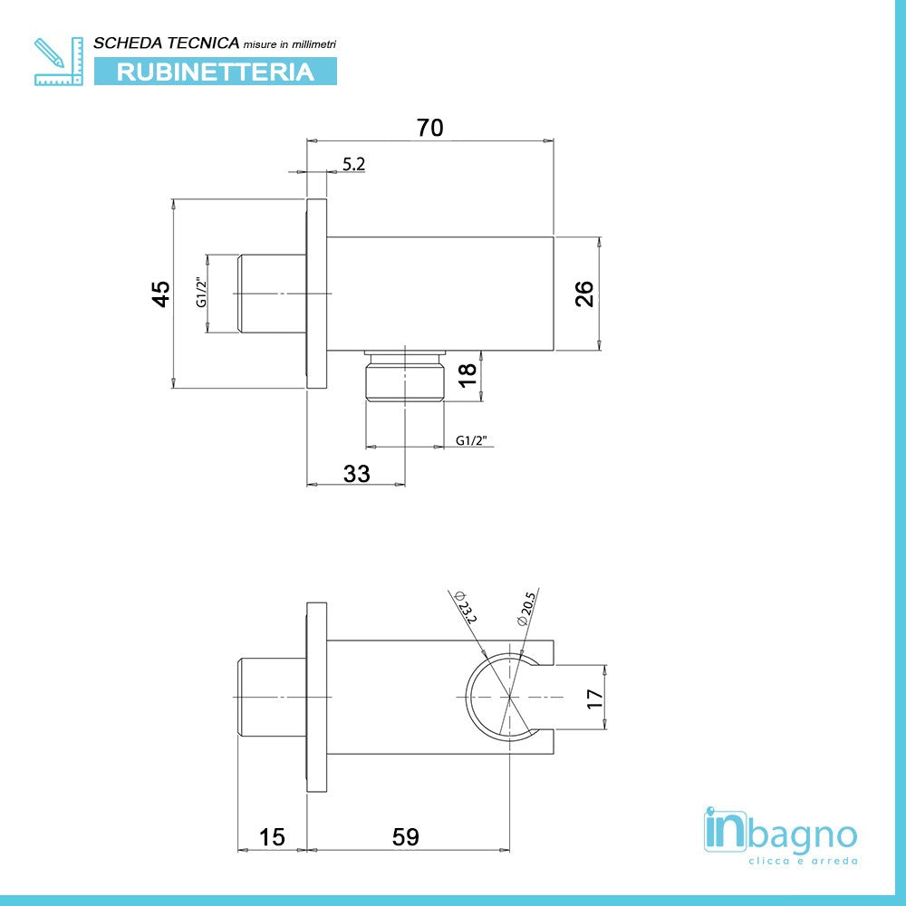 Presa acqua con supporto per doccino in ottone cromo design squadrato