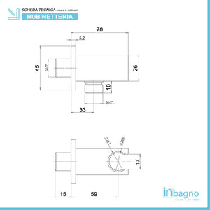 Presa acqua con supporto per doccino in ottone cromo design squadrato