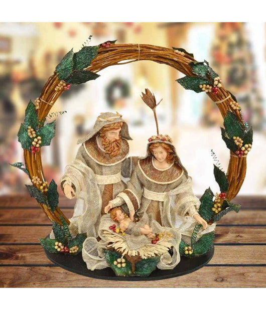 Presepe Nativita' Con Corona Legno Agrifoglio Altezza 49cm Decorazioni Natalizie         