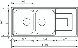 Lavello COMO  116X50 2 vasche + gocciolatoio ACCIAIO INOX 010147.X2.01.2028