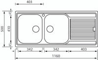 Lavello ZENITH 210 116x50 2 vasche destre+ gocciolatoio ACCIAIO INOX 011227.D1.01.2018