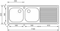 Lavello AURORA 116X42 2 vasche sinistre+ gocciolatoio ACCIAIO INOX 011017.S1.01.2016