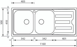 Lavello CRISTAL  116X50 2 vasche destra+ gocciolatoio ACCIAIO INOX 010017.D1.01.2018