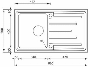 Lavello BRANDO F3" 1 vasca versione reversibile + gocciolatoio ACCIAIO INOX incasso SOPRATOP 86,0 X 50,0 prof. 21 015103.X2.01.2033