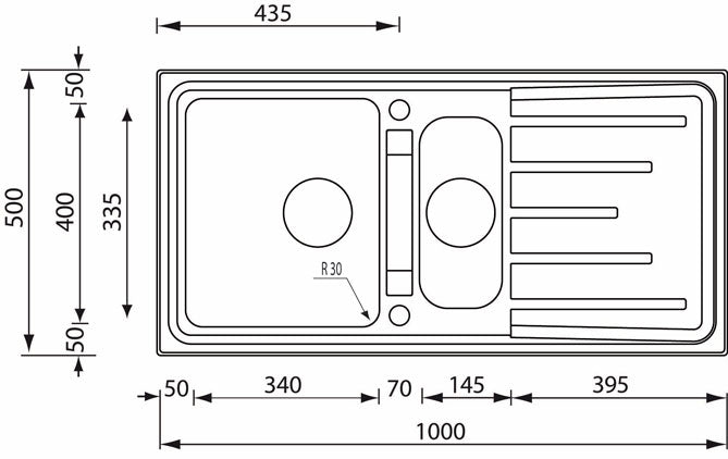 Lavello BRANDO F3" 2 vasche versione reversibile + gocciolatoio ACCIAIO INOX incasso SOPRATOP 100,0 X 50,0 prof. 21- 14 015105.X2.01.2033