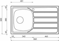 Lavello UNIVERSAL 86X50 1 vasca sinistra+ gocciolatoio ACCIAIO INOX finitura Satinato 015443.S1.01.2016