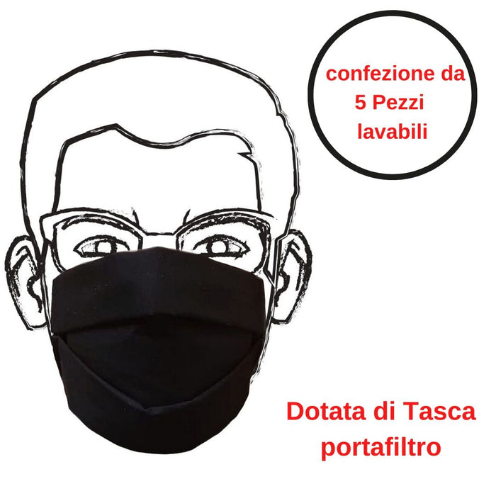 Mascherina di protezione nera 5 pezzi riutilizzabile e lavabile cotone 100% con elastici